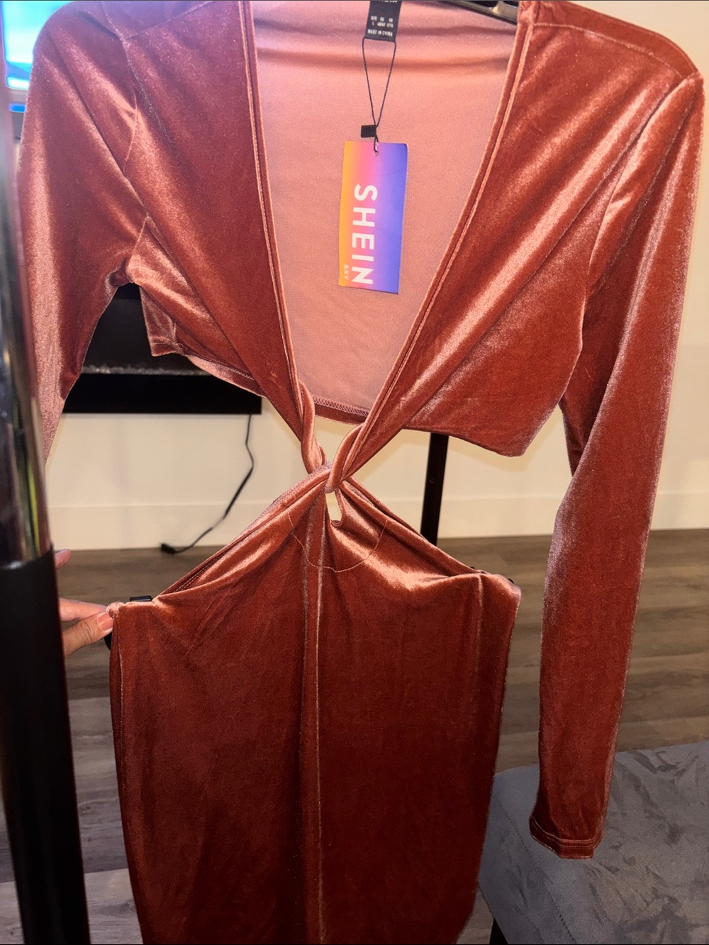 SHEIN Rust pink L Velvet Long Sleeve Tie-Front Cutout Dress